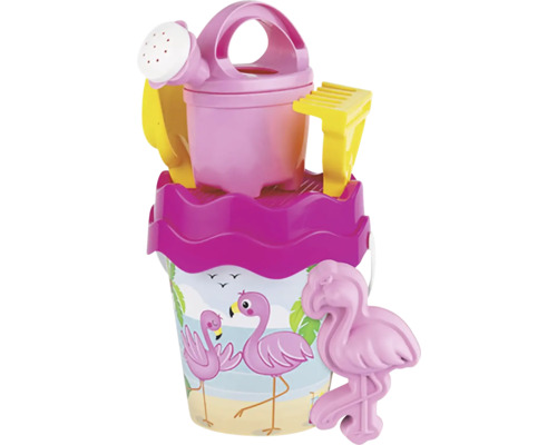 Súprava hračiek na pláž s vedierkom, krhlou, lopatkou, hrabľami a formičkou plameniaka