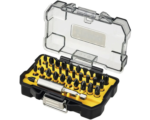 Sada bitov s rôznymi skrutkovacími bitmi a držiakom bitov v plastovom boxe