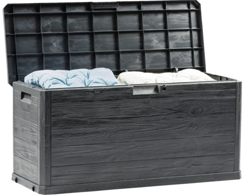 Otvorená záhradná truhla s vankúšmi