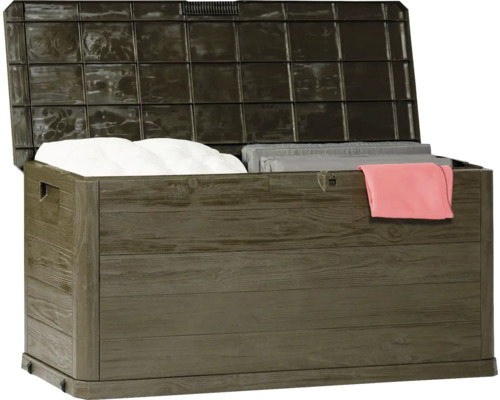 Otvorený záhradný box so vzorom dreva na uloženie záhradného náradia