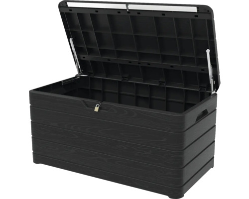 Otvorený čierny záhradný box s imitáciou dreva na skladovanie