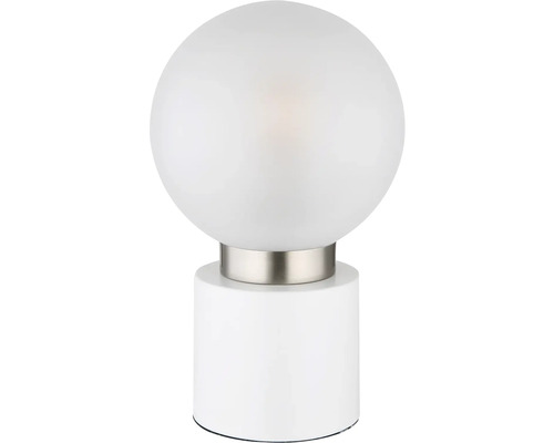 Stolná lampa s okrúhlym bielym skleneným krytom a valcovou základňou