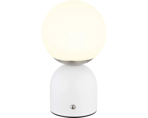 Biela stolná lampa s okrúhlym tvarom a svetelnou guľou
