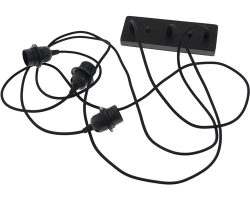 Čierne závesné svietidlo s tromi objímkami a káblovým závesom