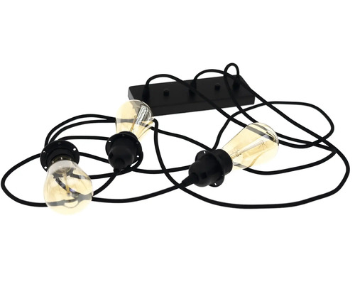 Závesné svietidlo s tromi žiarovkami a čiernymi textilnými káblami