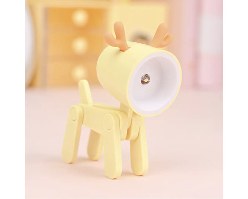 Žltá, nastaviteľná LED stolná lampa v tvare jeleňa.