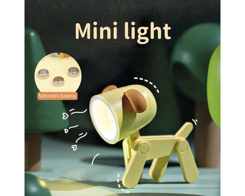 Žlté mini nočné svetlo v tvare psa s LED a vymeniteľnými batériami.
