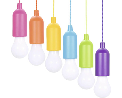Šesť prenosných žiaroviek s farebným uzáverom a ťahacou šnúrkou