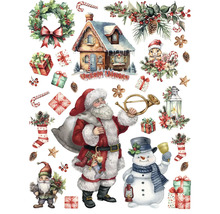 Ilustrácia s vianočnými motívmi ako Santa Claus, snehuliak, dom a darčeky