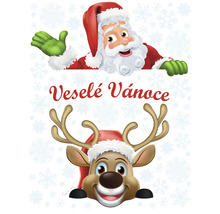 Vianočná grafika s Santa Clausom, sobom a nápisom Veselé Vianoce