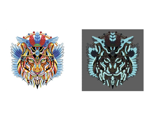 Hlava tigra v mozaikovom štýle, svietiaca v tme