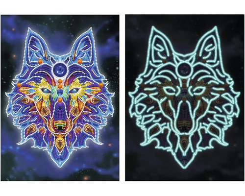 Svietiaci motív vlka pre diamantové maľovanie, zobrazenie za denného svetla a v tme
