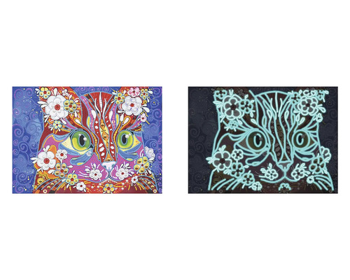 Diamantová maľba mačacieho motívu s kvetmi, denný a nočný pohľad