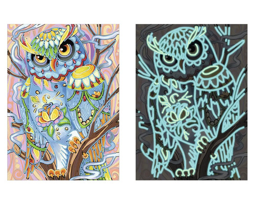 Diamantová maľba sova so svetelným efektom, denný a nočný pohľad