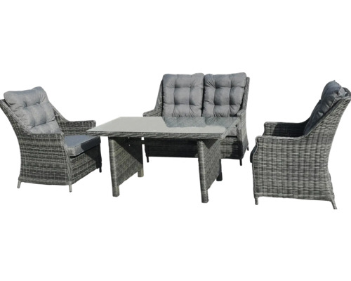Súprava záhradného nábytku so stolom, dvojmiestnou pohovkou a dvoma stoličkami z polyratanu
