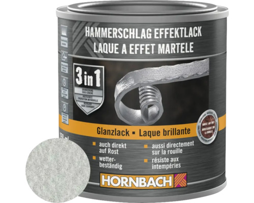 Kladivková farba na kov 3v1 HORNBACH strieborná lesklá 250 ml Plechovka kladivkovej farby 3 v 1 od spoločnosti Hornbach