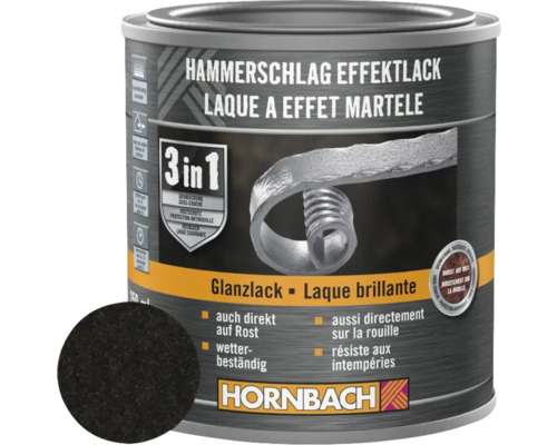 Kladivková farba na kov 3v1 HORNBACH čierna lesklá 250 ml Plechovka lesklého laku s kladivkovým efektom