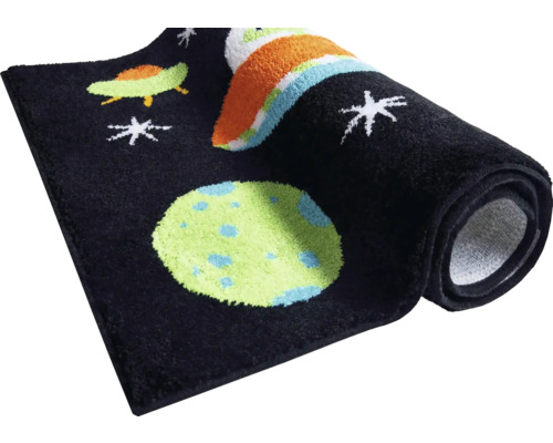 Čierny kúpeľňový koberček s vesmírnymi motívmi