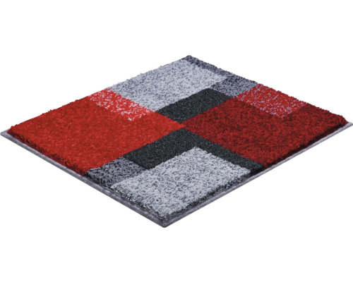 Štvorcový koberec s geometrickým vzorom v odtieňoch šedej a červenej