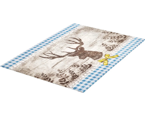 Obdĺžnikový koberec s motívom jeleňa a modrým kockovaným okrajom