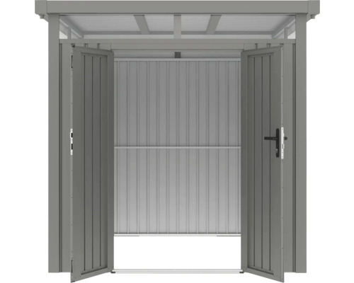 Otvorená kovová kôlňa na náradie s dvojkrídlovými dverami