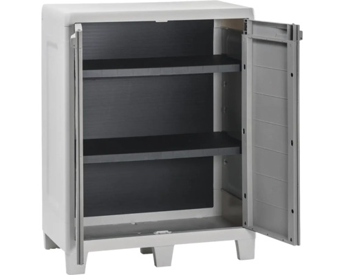 Plastová skrinka s dvomi otvorenými dverami a tromi policami
