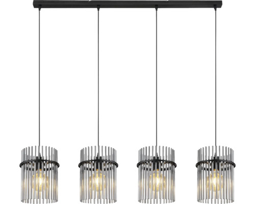 Závesné svietidlo so štyrmi žiarovkami a valcovými tienidlami z kovových tyčí