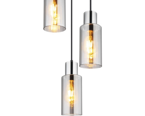 Závesná lampa s tromi žiarovkami zo skla a kovu