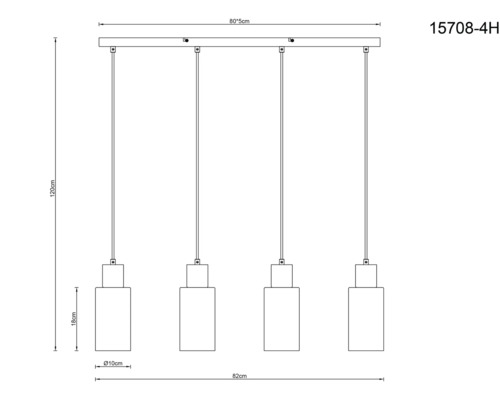 Technický nákres závesnej lampy so štyrmi svietidlami a rozmermi