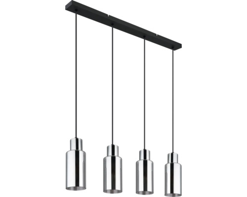 Závesné svietidlo so štyrmi žiarovkami, chrómovanými tienidlami a čiernym závesom