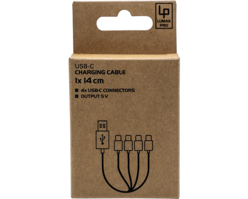 Nabíjací kábel USB-C, 1 kus, 14 centimetrov, štyri konektory USB-C, výstup 5V