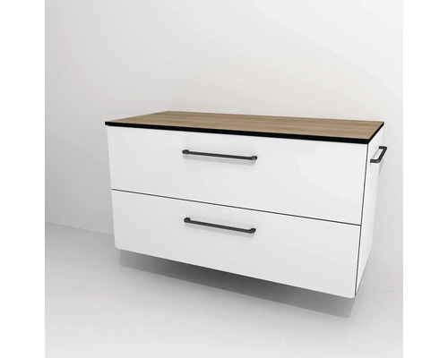 Kúpeľňová skrinka pod umývadlo Devo Sonus 2.0 biela 97 x 52 x 45 cm SO2-SU2S97x52F01K51 Biely spodná skrinka pod umývadlo s dvomi zásuvkami a odkladacou plochou s dreveným vzhľadom.