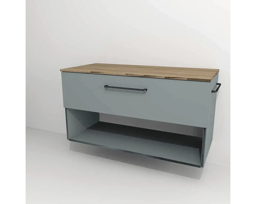Kúpeľňová skrinka pod umývadlo Devo Sonus 2.0 fjordová zelená 97 x 52 x 45 cm SO2-SU1S97x52F72K51 Nástenná skrinka so zásuvkou, drevenou doskou a otvorenou priehradkou