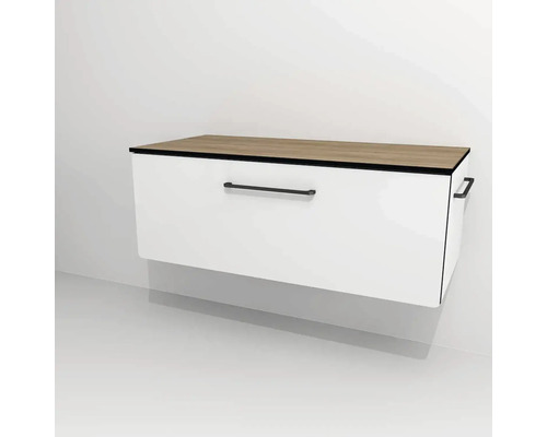 Kúpeľňová skrinka pod umývadlo Devo Sonus 2.0 biela 97 x 36 x 45 cm SO2-SU1S97x36F01K51 Biela skrinka pod umývadlo so zásuvkou a dreveným krytom do kúpeľne.