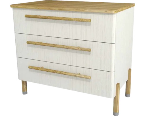 Kúpeľňová skrinka pod umývadlo Devo Sonet biela/dub 84 x 75 x 49 cm SF-SU3S84-F104D01L10 Komoda s tromi zásuvkami a drevenými úchytmi