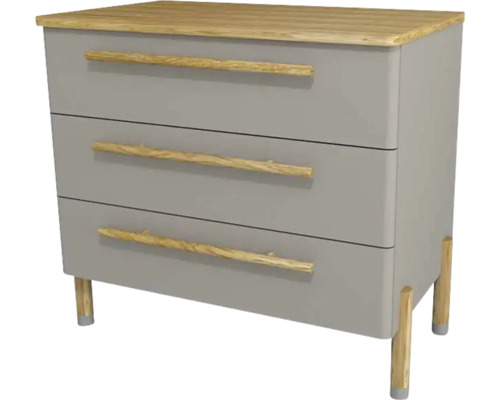 Kúpeľňová skrinka pod umývadlo Devo Sonet kašmír/dub 84 x 75 x 49 cm SF-SU3S84-F112D01L10 Komoda s tromi zásuvkami, drevenými úchytkami a drevenými nohami