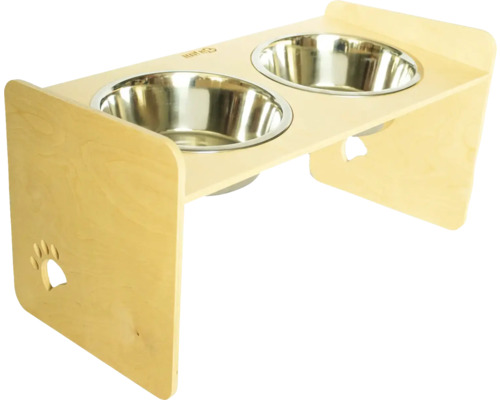 Stojan na misky pre psov Dogbar RACIO L pre veľké plemená 2x miska 2500 ml 62 x 36 x 34 cm prírodné drevo Misky pre psy s dvoma miskami z nehrdzavejúcej ocele na drevenom ráme