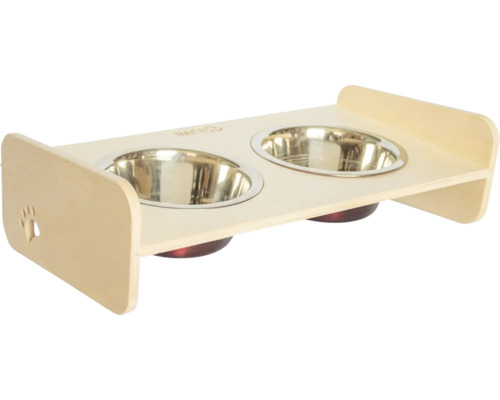 Stojan na misky pre psov Dogbar RACIO M pre malé aj veľké plemená 2x 700 ml miska 44 x 25 x 22 cm prírodné drevo Drevený bar pre psie misky s dvoma nerezovými miskami