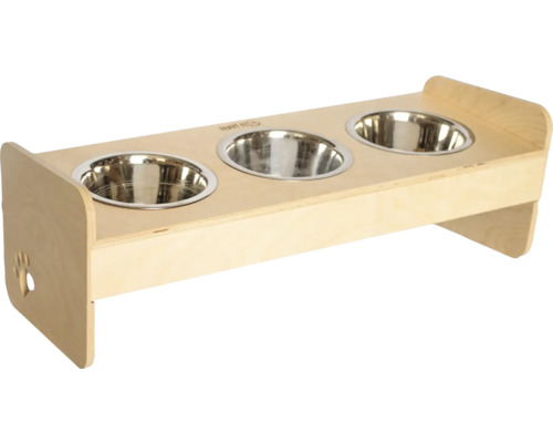 Stojan na misky pre psov Dogbar RACIO M pre malé aj veľké plemená 3x 700 ml miska 64 x 25 x 22 cm prírodné drevo Stojan na psie misky s tromi nerezovými miskami z dreva