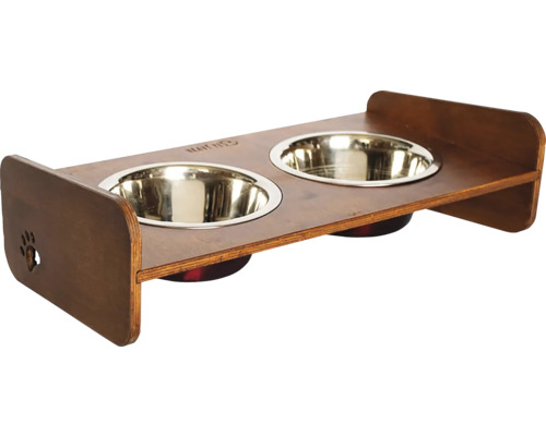 Stojan na misky pre psov Dogbar RACIO S pre malé plemená 2x 700 ml miska 44 x 25 x 13 cm hnedé drevo Misky pre psy s dvoma miskami z nehrdzavejúcej ocele na drevenom stojane