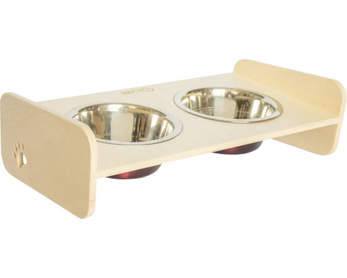 Stojan na misky pre psov Dogbar RACIO S pre malé plemená 2x 700 ml miska 44 x 25 x 13 cm prírodné drevo Kŕmny bar s dvoma nerezovými miskami na drevenom ráme