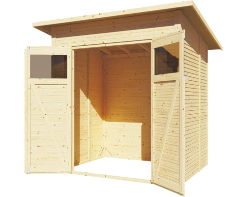 Otvorená drevená záhradná búda s oknami vo dverách