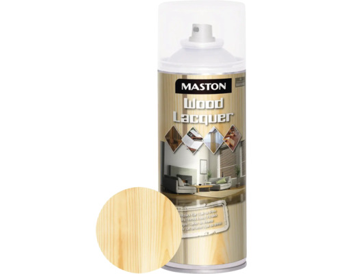 Lak na drevo v spreji Maston bezfarebný, hodvábny lesk 400 ml Maston lak na drevo v spreji s dreveným vzorom