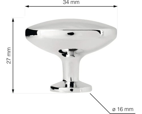 Chrómový nábytkový gombík s rozmermi 34 mm šírka, 27 mm výška a 16 mm priemer