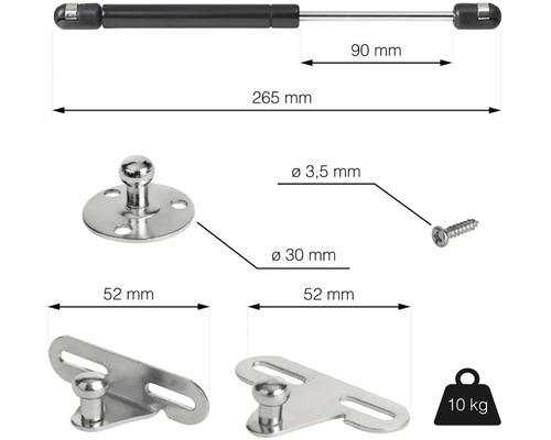 Plynová vzpera s montážnym príslušenstvom a technickými rozmermi