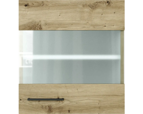 Detailný pohľad na čelo nábytku s drevenou štruktúrou, sklenenou vložkou a rukoväťou