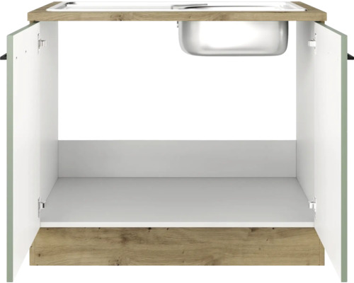 Skrinka pod umývadlo s otvorenými bielymi dvierkami a umývadlom