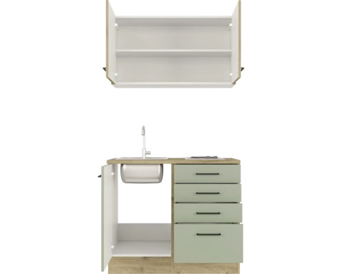 Kompaktná kuchynská linka s drezom, zásuvkami a závesnou skrinkou pre priestorovo úsporné riešenie kuchyne.