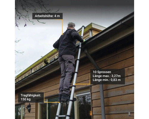 Muž na teleskopickom rebríku pracuje na odkvape, pracovná výška 4 metre, nosnosť 150 kilogramov, 10 priečok, maximálna dĺžka 3,27 metra, minimálna dĺžka 0,83 metra