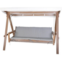 Drevená hojdačka so sivým vankúšom a bielou slnečnou strieškou